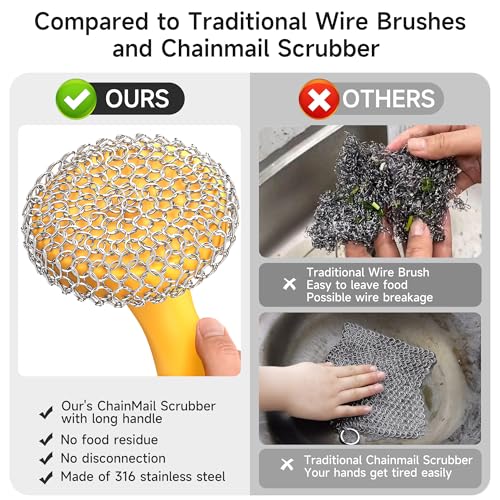 SUBEKYU Cast Iron Scrubber with Silicone Handle, Stainless Steel Skillet Cleaner for Cast Iron Pans (Yellow) - color: Yellow