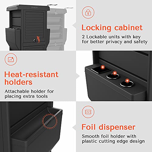 TASALON Professional Salon Trolley Cart, Lockable 6 Trays & 2 Holders, Space Saving Mobile Storage for Hair Salon and Beauty Station - Black - color: Black