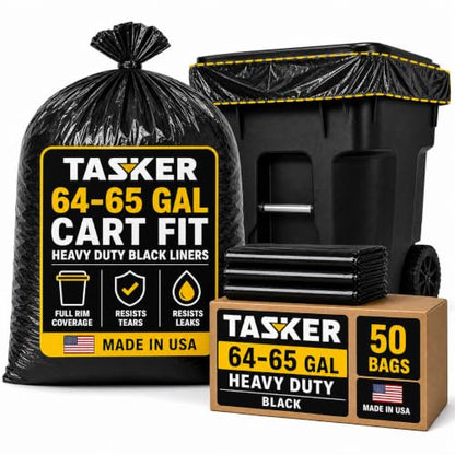 Tasker 64 Gallon Trash Bags Heavy Duty (Value-PACK 50 Bags w/Ties) 64 Gallon Trash Bags | 65 Gallon Trash Bag Heavy Duty Large Black Industrial Garbage Bags | 60 Gallon Garbage Bag