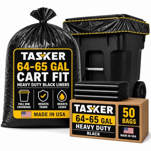 Tasker 64 Gallon Trash Bags Heavy Duty (Value-PACK 50 Bags w/Ties) 64 Gallon Trash Bags | 65 Gallon Trash Bag Heavy Duty Large Black Industrial Garbage Bags | 60 Gallon Garbage Bag