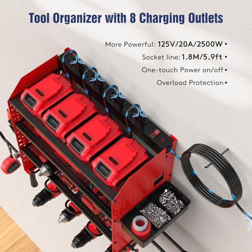 Heavy Duty Power Tool Organizer Wall Mount with Charging Station, 4 Layer Garage Storage Adjustable Shelves Height, Holds 4 Drills, 2 Hooks, Screw & Screwdriver box, Gifts for Fathers Day, Anniversary - color: Red