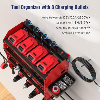 Heavy Duty Power Tool Organizer Wall Mount with Charging Station, 4 Layer Garage Storage Adjustable Shelves Height, Holds 4 Drills, 2 Hooks, Screw & Screwdriver box, Gifts for Fathers Day, Anniversary - color: Red