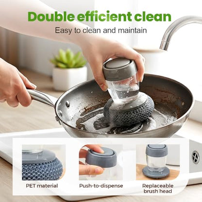Dish Brush with Soap Dispenser, Soap Dispensing Dish Brush - with PET/Steel Wire Bristles, Kitchen Scrub Brush for Dishes Pots Pans Sinks (Steel Head) - color: Steel Head