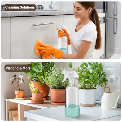 Glass Spray Bottles with Silicone Sleeves (2 Pack, 16 oz), Mist and Stream Empty Refillable Containers, Water Sprayer Misting Bottle for Cleaning Solutions, Planting, Hair Spraying, Green & Grey