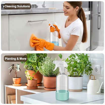 Glass Spray Bottles with Silicone Sleeves (2 Pack, 16 oz), Mist and Stream Empty Refillable Containers, Water Sprayer Misting Bottle for Cleaning Solutions, Planting, Hair Spraying, Green & Grey