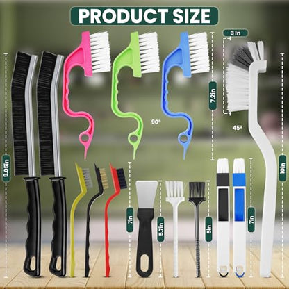 14 Pcs Crevice Cleaning Brush Set – Hard Bristle Cleaning Tools for Grout, Tile Floors, Gaps & Narrow Spaces – Multi-Purpose Grout Scrub Brush for Cleaning Bathroom, Shower, Window Tracks, Kitchen - color: White, Black, Red, Yellow, Pink & Green