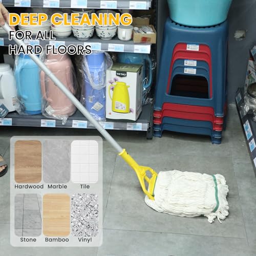 Commercial Industrial Mop for Floor Cleaning ,Add 2 Mop Head Replacement | Heavy Duty Mop,59" Long Handle Looped-End String Wet Cotton Mop for Home,Kitchen,Office,Garage,Concrete/Tile Floor