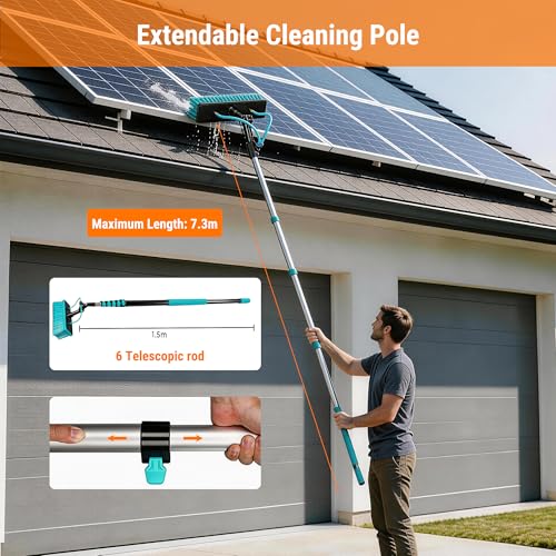 Water Fed Pole Kit, 24FT Solar Panel Cleaning Pole with Extendable Handle, 180° Rotatable Brush Head & 65.6FT Hose, Household & Outdoor Window Cleaner Tool for Caravan Solar Panel Deck - size: 24FT