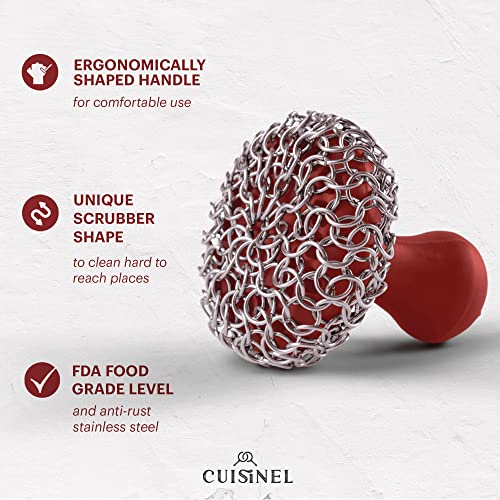 Cuisinel Cast Iron Chain Mail Scrubber + Cleaning Brush + Pan & Grill Scrapers - The Ultimate Skillet and Grill Cleaner Kit - Soft-Touch Confident-Grip Dish Scrub Tool - Silicone/Stainless Accessories - color: Red, size: Full Set