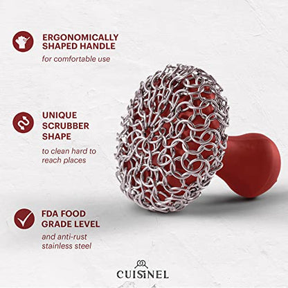 Cuisinel Cast Iron Chain Mail Scrubber + Cleaning Brush + Pan & Grill Scrapers - The Ultimate Skillet and Grill Cleaner Kit - Soft-Touch Confident-Grip Dish Scrub Tool - Silicone/Stainless Accessories - color: Red, size: Full Set