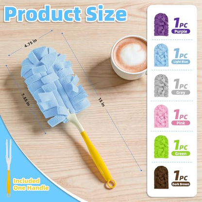 6 PCS Reusable Duster for Swiffer, Washable 360 Fleece Duster Refills for Fans, Floors, Blinds, Windows (Include 1 Handle & Laundry Bag) - color: Light Blue,pink,purple,green,gray,dark Brown