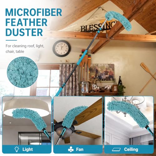 High Ceiling Duster Kit with 4-12FT Heavy Duty Extension Pole, Reaches Up to 20FT, Includes Microfiber Feather Duster, Cobweb and Ceiling Fan Duster, Window Squeegee Cleaner & Skylight Hook (12FT) - size: 12FT