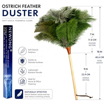 16inch Natural Good Ostrich Feather Duster with Bamboo Handle, Electrostatic Dust Remove for Ceiling，Fans，Bookshelves, Sofa, Windows, Fit for Home, Office and Cars Duster Green - color: Green