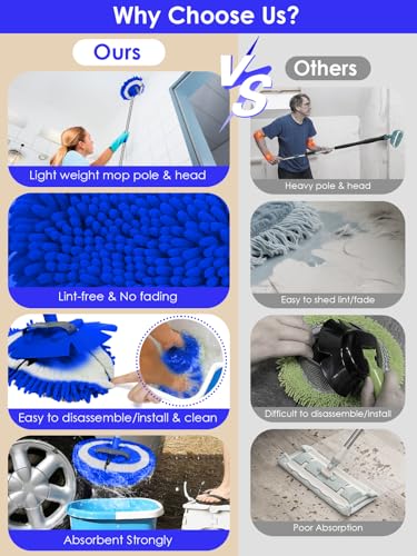 2 in 1 Lightweight Wall Cleaner Mop with Long Handle 75" 190cm Lint-Free Duster Cleaning Tool 2 Replacement Microfiber Chenille Pads for Kitchen Baseboard Ceiling Floor Window Door Scrubber Brush,Blue - color: Blue