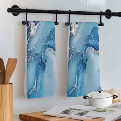 Marble Texture Kitchen Towels Set of 1 Blue Sliver Shinny Modern Abstract Decorative Dish Towels Ultra Soft Microfiber Absorbent Reusable Dishcloths for Kitchen Drying, 18x28 Inch - size: 28" x 18" (Pack of 1)