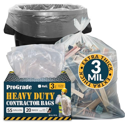Reli. Contractor Garbage Bags 55 Gallon | 20 Trash Bags | Heavy Duty | Clear Contractor