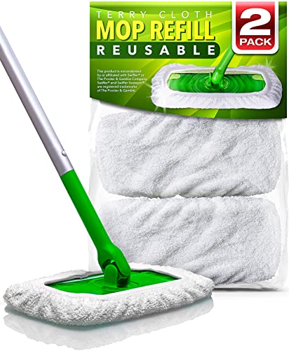 VanDuck Reusable 100% Cotton Mop Pads for Swiffer Sweeper (2-Pack) | Mop not included, reusable terry cloth mop covers, cotton replacement refills, machine washable wet mopping pads - color: Wet&dry (White), size: 2 Count (Pack of 1)