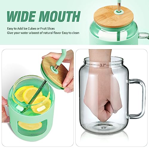 WINSA 50 oz Glass Water Bottles with Silicone Sleeve,Glass Tumbler with Lid and Straw,Iced Coffee Cup with Handle,BPA Free-Green - color: Green