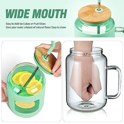 WINSA 50 oz Glass Water Bottles with Silicone Sleeve,Glass Tumbler with Lid and Straw,Iced Coffee Cup with Handle,BPA Free-Green - color: Green