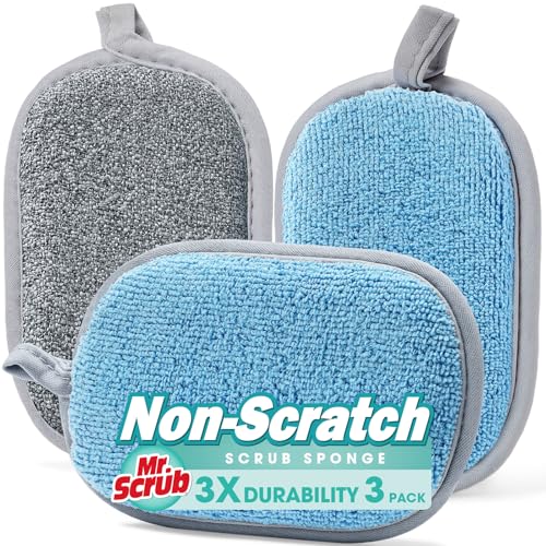 Sponges Kitchen Dish Sponge for Washing Dishes Cleaning Kitchen, All-Purpose, 3 Pack, Non Scratch, Rough Scrubbers Side for Non-Stick Cookware, Soft Microfiber Scrub Side for Dishes, Mr. Scrub - color: Grey & Blue, size: 3 Pack - Standard