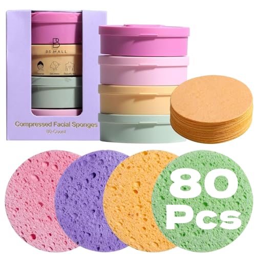 Compressed Facial Sponges BS-MALL 80 Count,Reusable Face Cleansing Pads,Gentle Exfoliating Sponges for Makeup Removal, Deep Cleansing, Dead Skin Removal,Travel-Friendly Spa Skincare Sponges