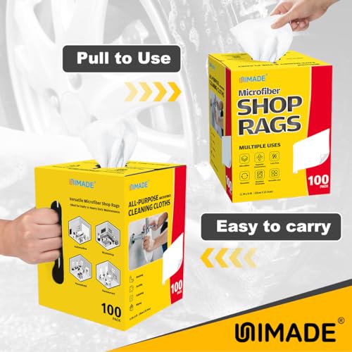 UNIMADE Shop Rags, 100 Sheets Microfiber Cleaning Cloth Commercial Grade Washcloths Lint-Free Bulk Shops Towels for Cars Mechanic Restaurant Garage Housekeeping, 11"x 9", White - color: White