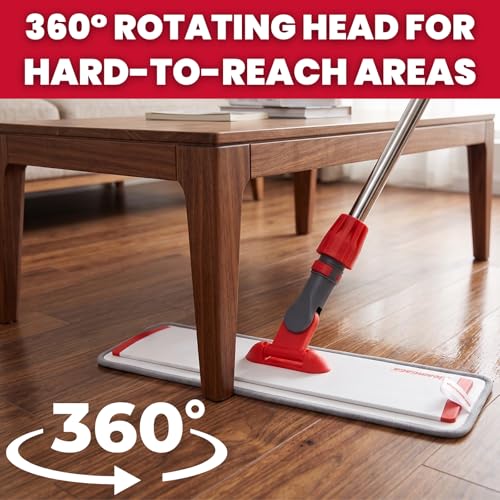 Aluminum Alloy Flat Mop System for Floor Cleaning, 62" Stainless Steel Handle, 4 Reusable Machine Washable Mop Pads for Wet & Dry Mopping on Hardwood, Laminate, Vinyl & Tile Floors