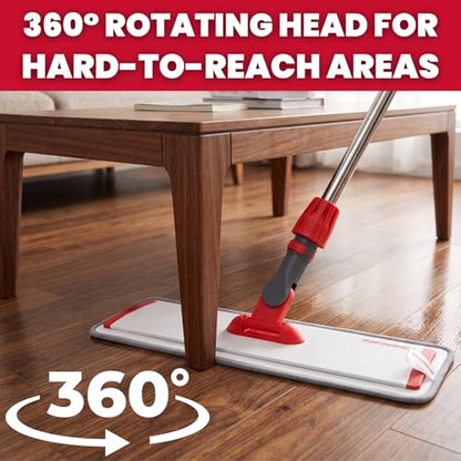 Aluminum Alloy Flat Mop System for Floor Cleaning, 62" Stainless Steel Handle, 4 Reusable Machine Washable Mop Pads for Wet & Dry Mopping on Hardwood, Laminate, Vinyl & Tile Floors