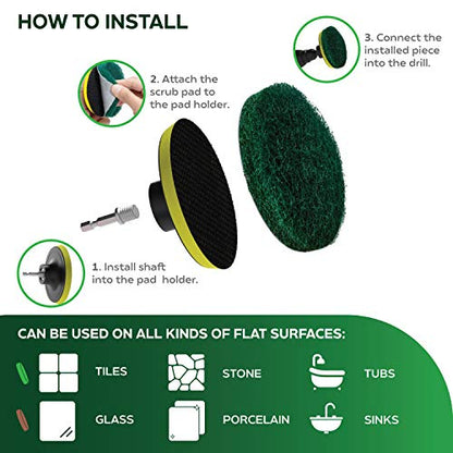 SCRUBIT Drill Brush Power Scouring Pads - Heavy Duty Tub and Tile Cleaner - Drill Scrubber Brush kit Includes Drill Attachment, 3 Red, 3 Stiff Green Scrubber Pads