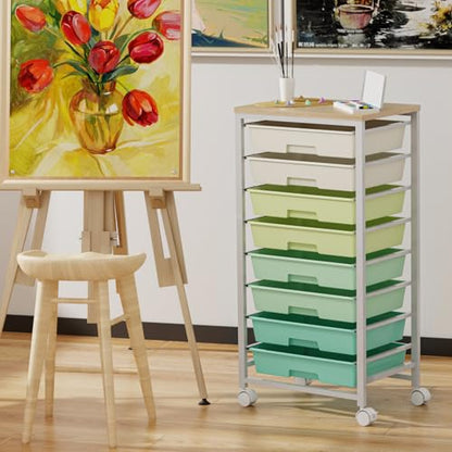 Rolling Storage Cart with 8 Drawers & Wooden Tabletop, Utility Cart On Wheels for Craft Storage, Home, School, Bedroom, Living Room, Dorm, Office, Classroom Storage Organizer Cart, Green, White