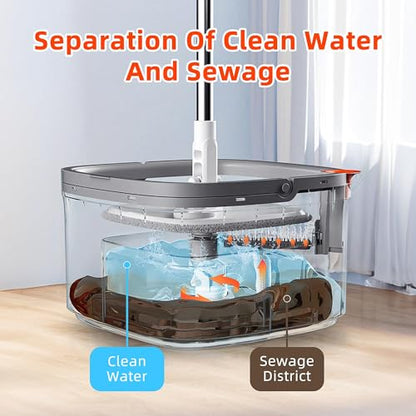 Spin Mop and Bucket Set with 14 Replaceable Microfiber Mop Pads with Self Separation Dirty and Clean Water System, Self Wringing 360° Rotating Square Mop Head for Hardwood Tile Marble Floors