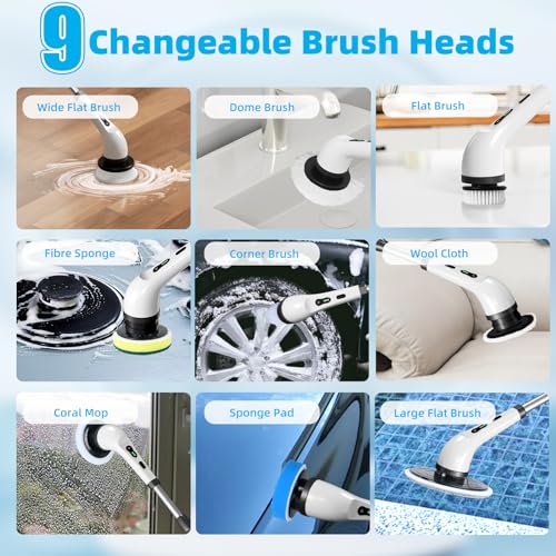 Electric Spin Scrubber Cordless, Electric Scrubber for Cleaning Bathroom with Long Handle, Electric Shower Scrubber, Power Cleaning Brush with 9 Brush Heads for Bathtub Tile Floor Car