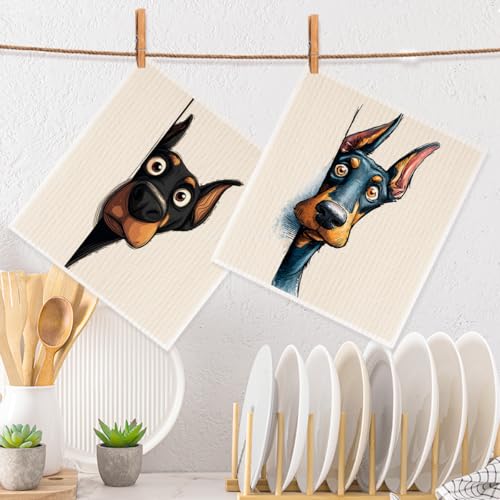2 Pcs Cartoon Peeking Doberman Pinscher Dog Swedish Dishcloths for Kitchen, Absorbent Reusable Paper Towels, Cute Puppy Geometry Kitchen Towels for Bathroom Home, Dog Lover Gifts for Women - color: Sz 0758