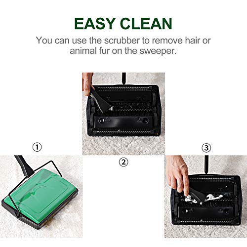 Yocada Carpet Sweeper Cleaner 4 Poles for Home Office Low Carpets Rugs Undercoat Carpets Pet Hair Dust Scraps Paper Small Rubbish Cleaning with a Brush Green