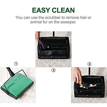 Yocada Carpet Sweeper Cleaner 4 Poles for Home Office Low Carpets Rugs Undercoat Carpets Pet Hair Dust Scraps Paper Small Rubbish Cleaning with a Brush Green