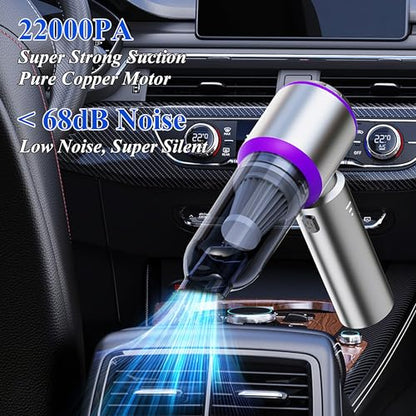 Handheld Car Vacuum Portable Cordless, 22000PA Mini Vacuum Cleaner & Air Duster, 5-in-1 High Power Suction Hand Held Vacuum Rechargeable Brushless Motor Vacuums for Car Home Office Pet, Purple