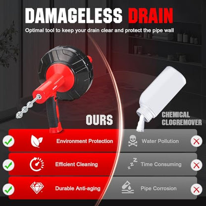 Drain Auger 33 Ft with Easy Cable Rewind System, Plumbing Snake with Drill Adapter, 2026 Upgraded Flexible Spring Steel Drain Cleaner for Kitchen, Bathroom, Shower & Sink
