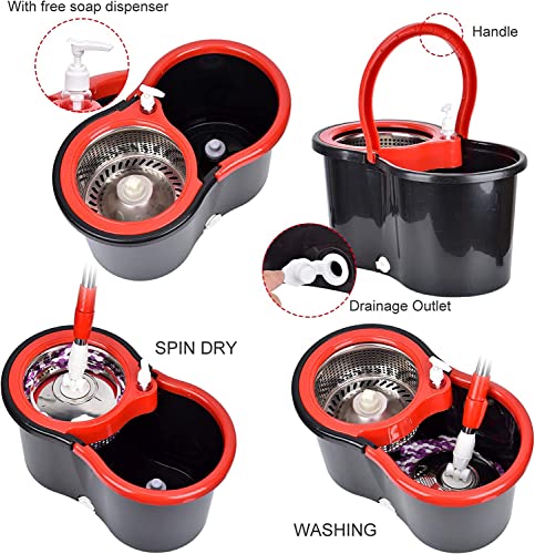 Mop and Bucket Set, 360° Spin Mop and Bucket with Wringer Set and 6 Microfiber Mop Refills, Stainless Steel 61" Extended Handle Spinning Mop Bucket System for Floor Cleaning (2 Sets) - color: Black*2