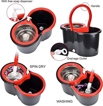 Mop and Bucket Set, 360° Spin Mop and Bucket with Wringer Set and 6 Microfiber Mop Refills, Stainless Steel 61" Extended Handle Spinning Mop Bucket System for Floor Cleaning (2 Sets) - color: Black*2