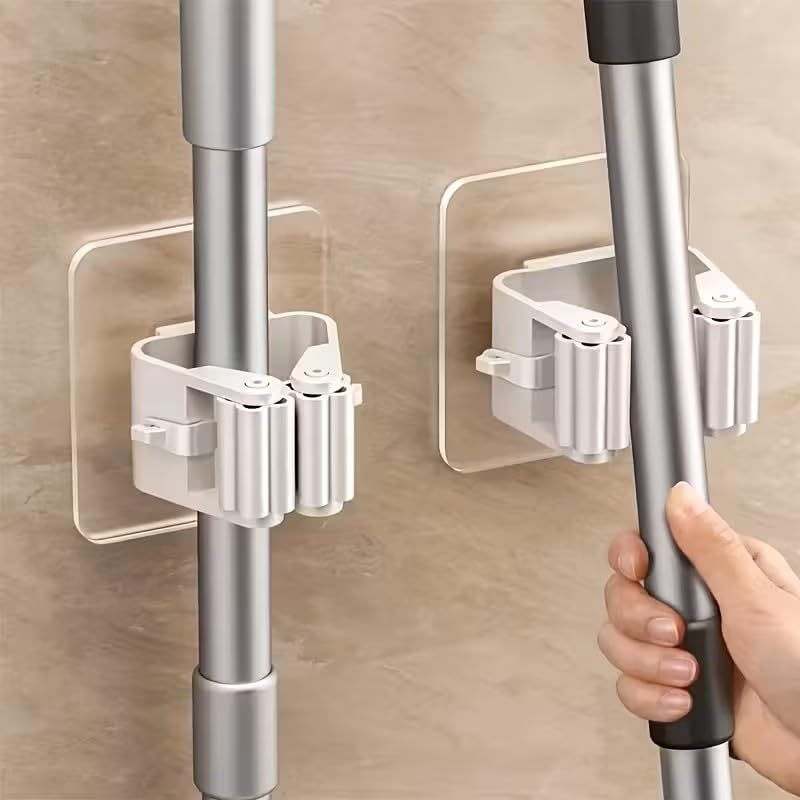 4 Pack No-Drill Adhesive Wall-Mounted Mop & Broom Holder, Space-Saving Bathroom Organizer with Strong Adhesive Clips, Plastic Storage Rack for Toilet Brush, Mop, Broom, White