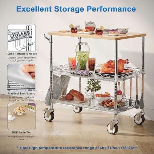 Leteuke Rolling Kitchen Carts with Wheels, 34" L x 17.5" W, 3-Tier Heavy Duty Utility Cart with Wood Tabletop, NSF Commercial Metal Serving Cart with Handle and Shelf Liner for Kitchen, Chrome - color: Wood-chrome