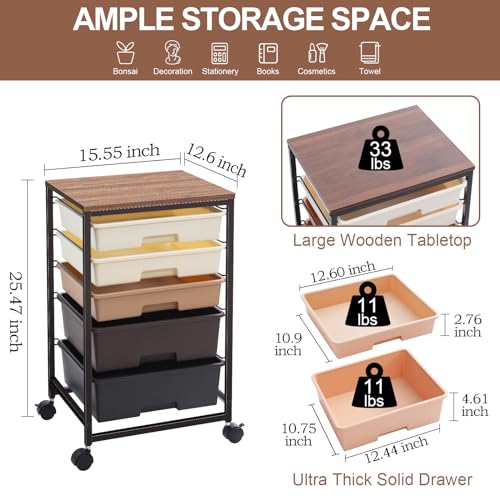 SYKIARIOL Utility Cart with 5 Drawers,Storage Drawer Cart with Wooden Tabletop and Lockable Wheels,Craft Storage Trolley Cart,5-Tier Rolling Utility Cart on Wheels,Dark Brown - color: Dark Brown