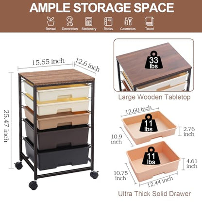 SYKIARIOL Utility Cart with 5 Drawers,Storage Drawer Cart with Wooden Tabletop and Lockable Wheels,Craft Storage Trolley Cart,5-Tier Rolling Utility Cart on Wheels,Dark Brown - color: Dark Brown
