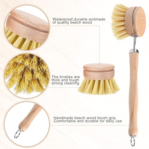 Boao 6 Pack Dish Brush with Beechwood Handle with Replacement Heads Natural Wood Dish Scrub Brush for Washing and Cleaning Pots and Pans