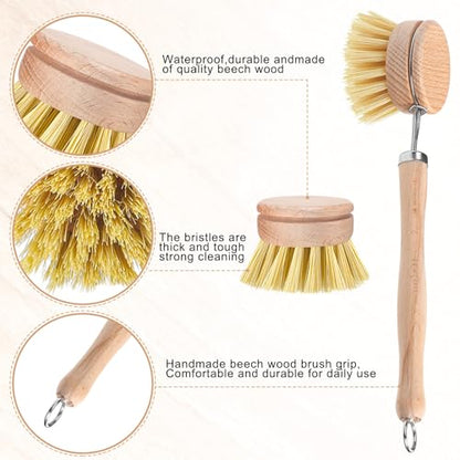 Boao 6 Pack Dish Brush with Beechwood Handle with Replacement Heads Natural Wood Dish Scrub Brush for Washing and Cleaning Pots and Pans