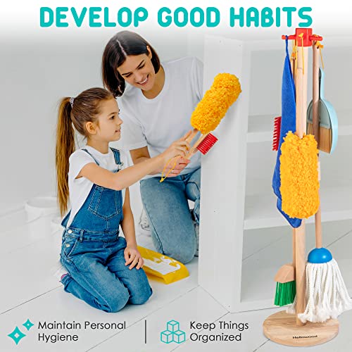 Kids Cleaning Set, 8 Pcs Wooden Housekeeping Play Set Includes Broom Mop Duster Dustpan Brushes Rag and Organizing Stand, Cleaning Toys Gift for Toddlers Girls Boys Age 3-6, Solid Beech Wood