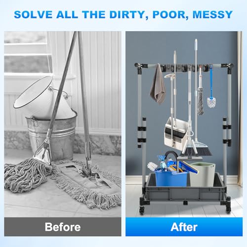 Broom and Mop Holder Freestanding Mobile Cleaning Tool Storage Rack,Floor Standing Cleaning Tool Cart Storage for Garden Garage Schools, Hospitals