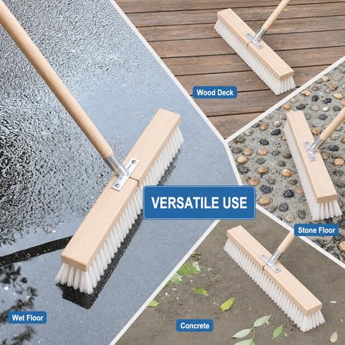 17.71” Heavy Duty Push Broom Outdoor, Stiff Plastic Bristles 4-Layer, 32.28” Wooden Handle, Industrial Broom for Garage Floor, Warehouse, Patio, Concrete, Deck & Sidewalk Cleaning