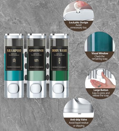 Luxspire Shampoo and Conditioner Dispenser, No Drill Wall Mounted Shower Soap Dispenser 3 Chamber with Waterproof Labels, Easy Refill Soap Dispenser for Bathroom Hotel Kitchen, Silver - color: Silver, size: 3 Chamber