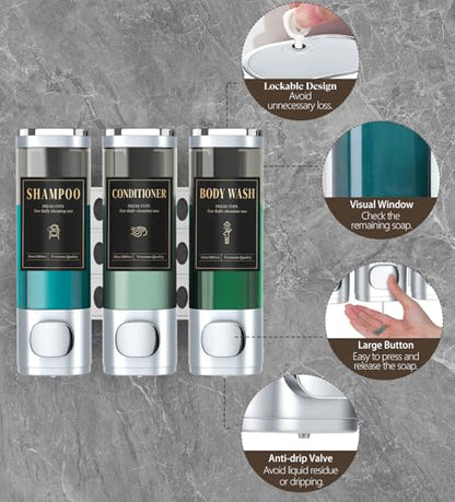 Luxspire Shampoo and Conditioner Dispenser, No Drill Wall Mounted Shower Soap Dispenser 3 Chamber with Waterproof Labels, Easy Refill Soap Dispenser for Bathroom Hotel Kitchen, Silver - color: Silver, size: 3 Chamber